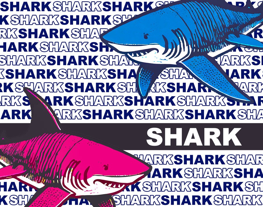 ピンクとブルーのサメ柄生地 Shark