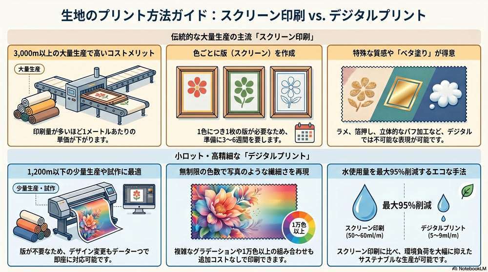 生地のプリント方法 - スクリーン印刷とデジタルプリント