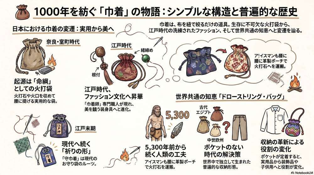 巾着袋の歴史をたどる – シンプルな構造とその普遍性