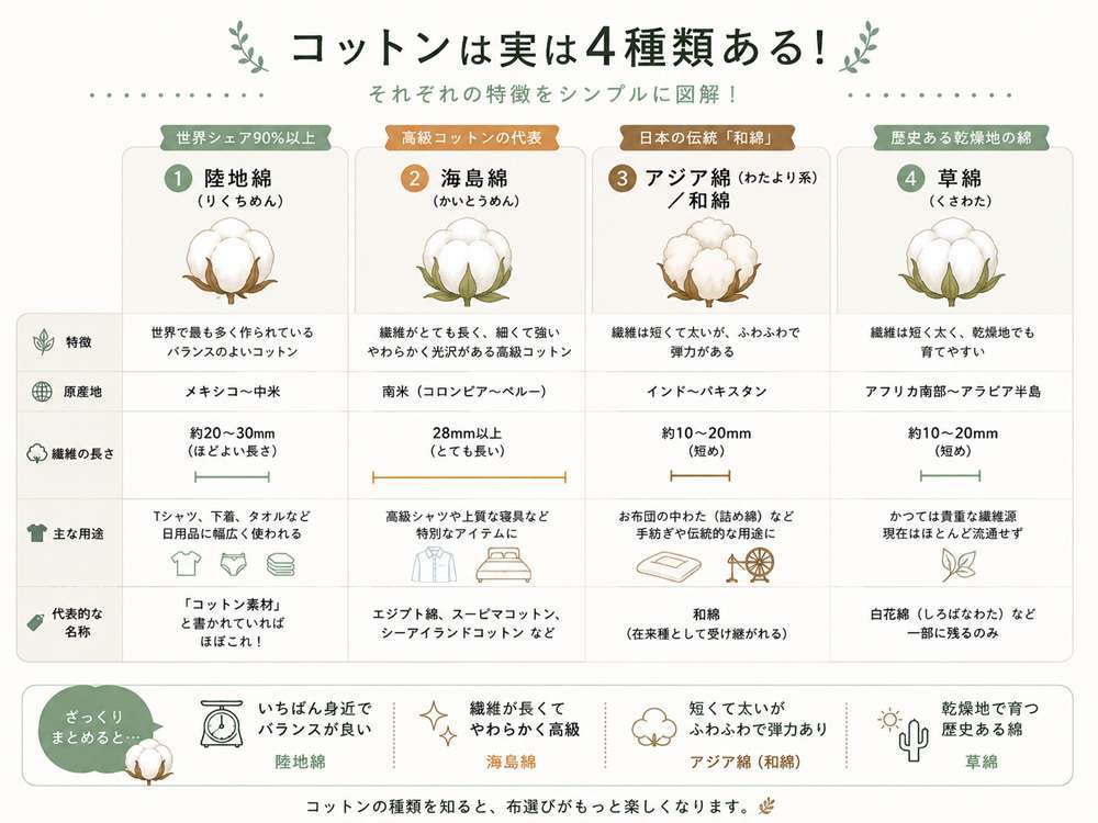 綿花のはなし - 4種類のコットンとその特徴