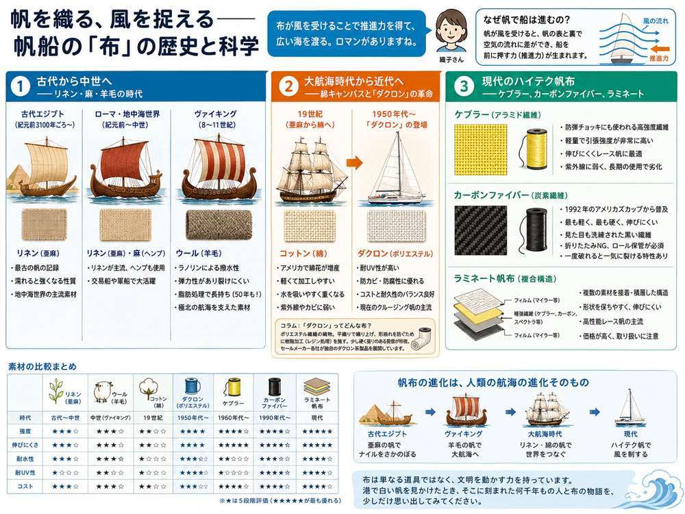 風を捉える帆船の布の歴史と科学
