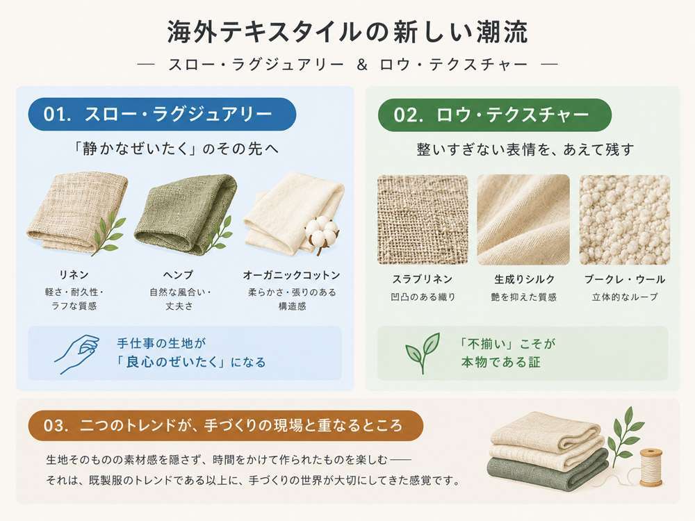 生地そのものが持つ素材感を活かす Slow Luxury / Raw Texture